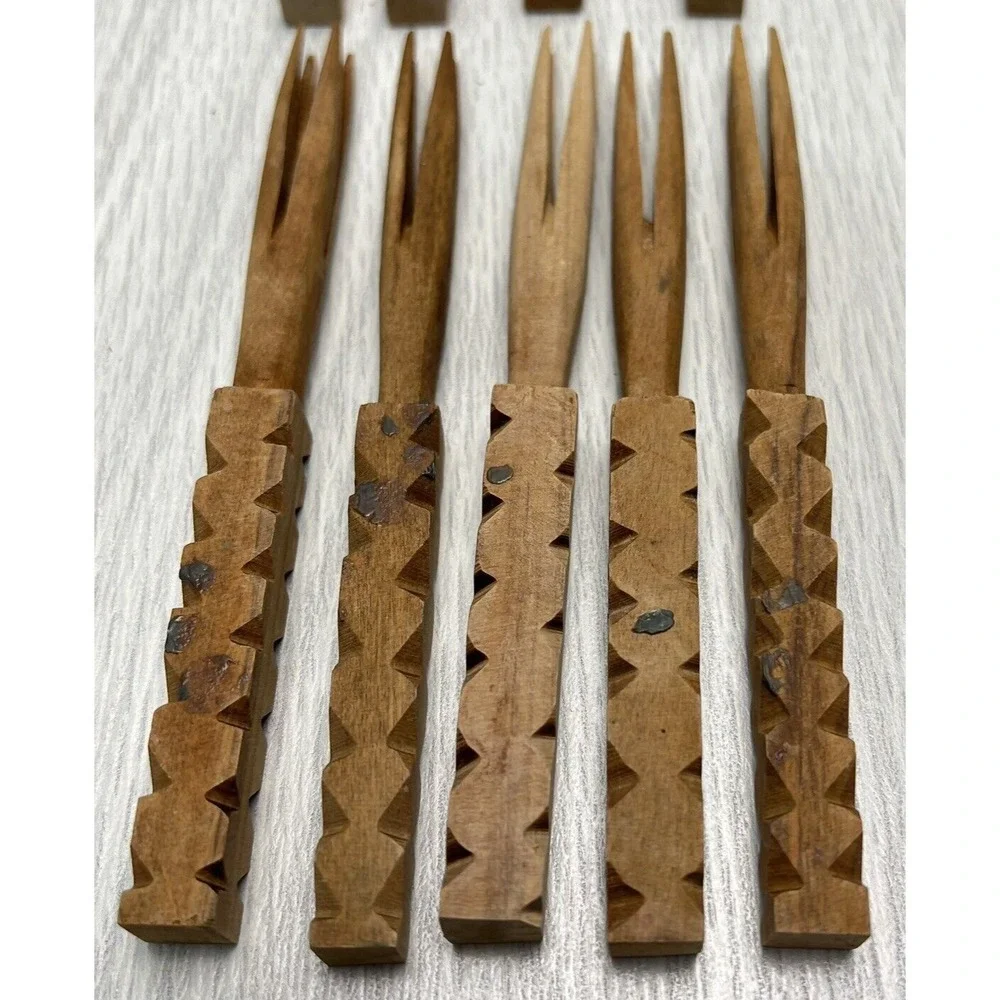 Vintage Mini Wooden Cannibal Forks Collectible Hors D Oeuvre Party Lot Of 9
